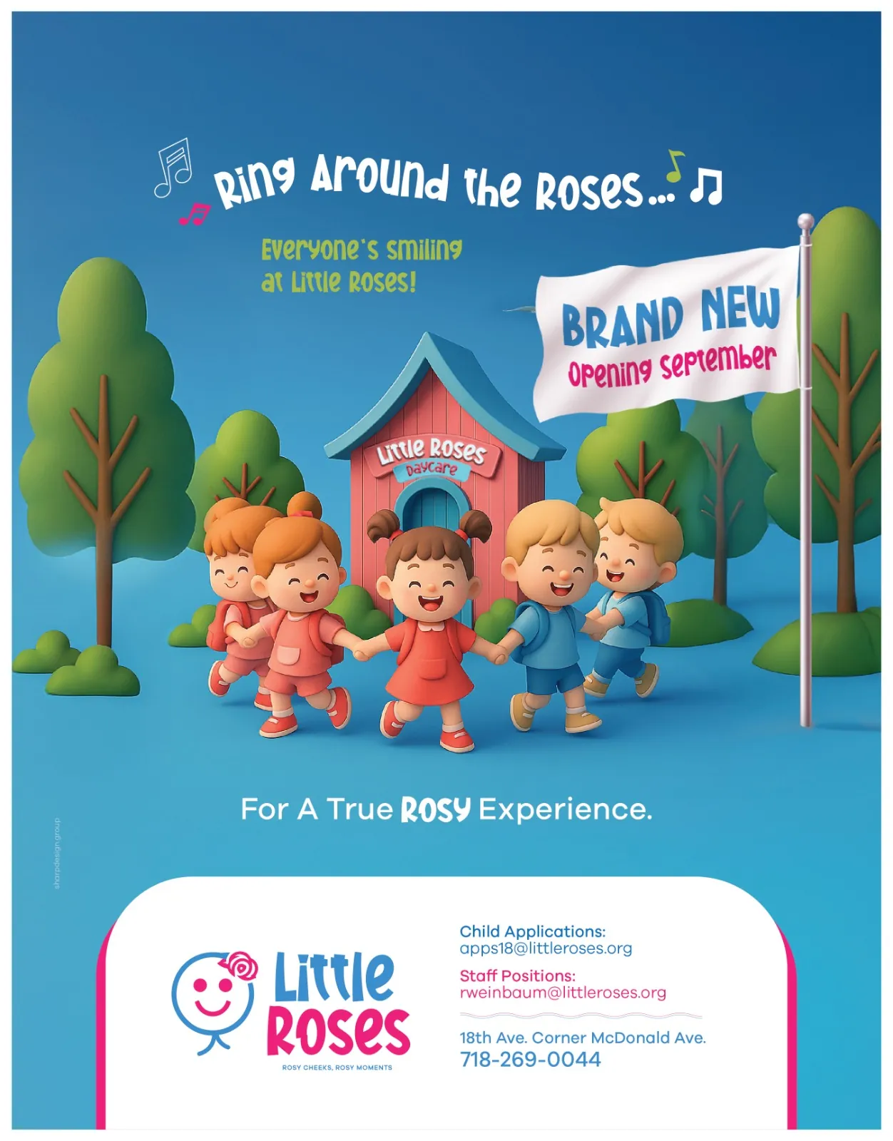Little Roses ad: Ring around the Roses, brand new opening September, designed by Sharp Design