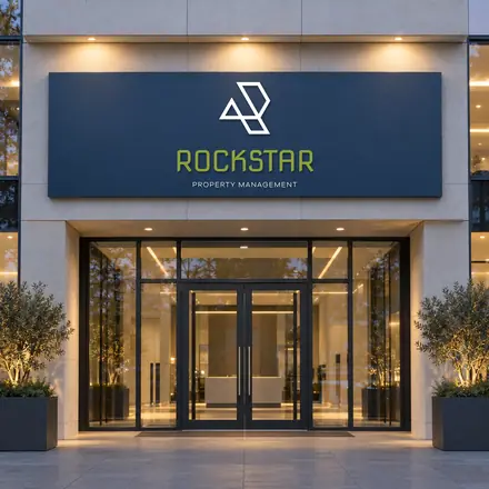 Rockstar Property Management logo on an office sign (mockup), designed by Sharp Design