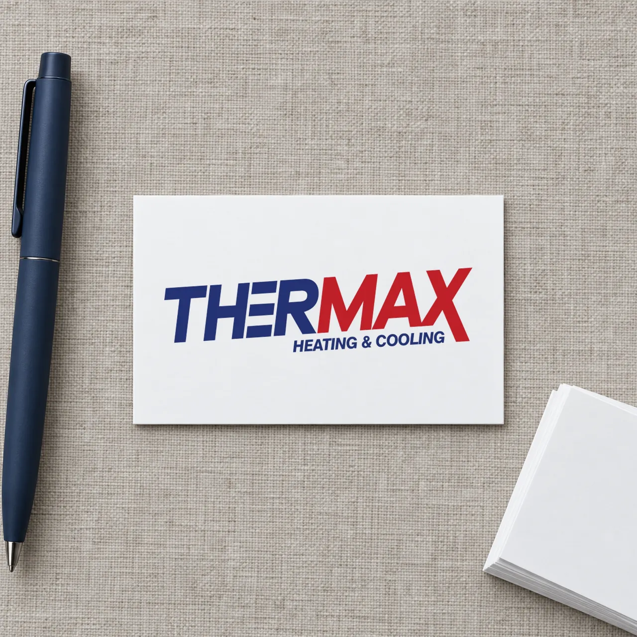 Thermax Heating & Cooling logo on business cards (mockup), designed by Sharp Design