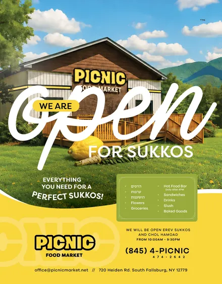 Picnic Food Market Sukkos ad, designed by Sharp Design